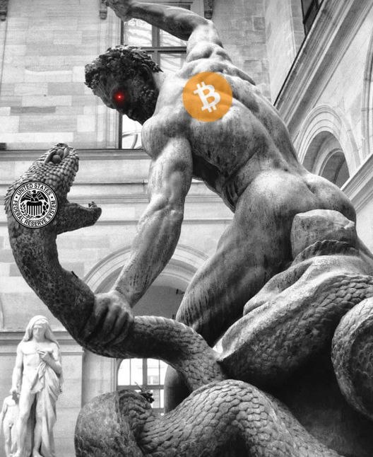 A black-and-white image of a classical statue depicting a man wrestling a snake, digitally edited with a red eye, a Bitcoin logo on his back, and a "Federal Reserve Note" seal in the snake's mouth, visually embodying the "Smash Fiat" sentiment.