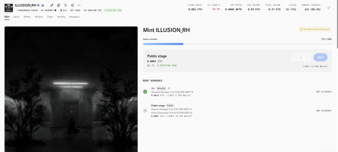 A screenshot of a cryptocurrency minting website shows the 'ILLUSION.RH' project on the 'Mint' page, displaying 'Configuration changed' in yellow text, with current stats including a floor price of 0.003 ETH, 15 listed items, and 141 owners.