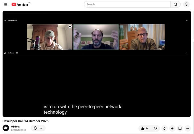 A YouTube Premium page shows a three-person video call with the subtitle “is to do with the peer-to-peer network technology” and the title “Developer Call 14 October 2026.”