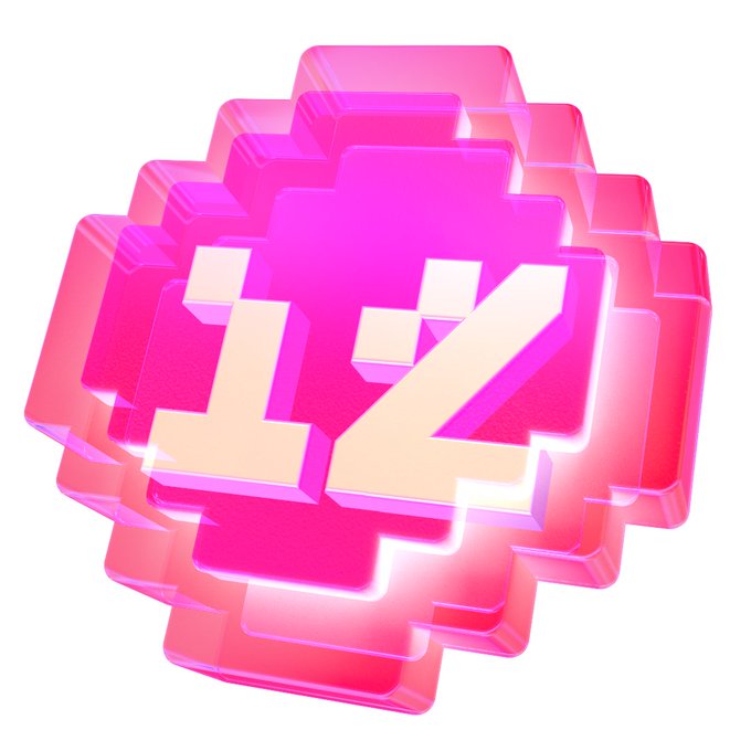 A 3D rendering of a pink and white pixelated icon showing the numbers '1/2' or '12' with a glossy, transparent appearance.