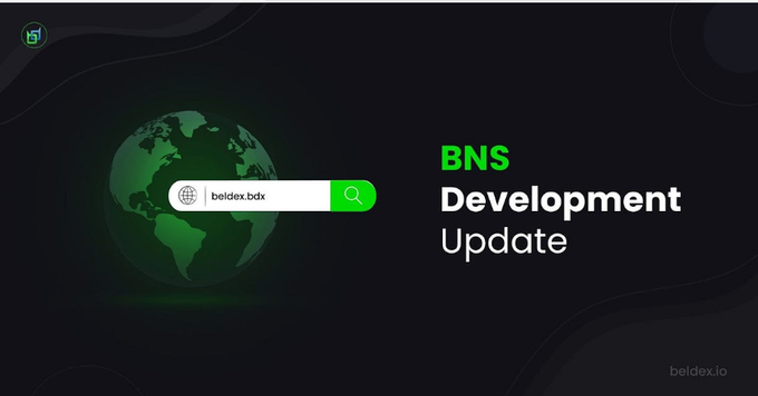 A digital banner with a dark background featuring a green Earth globe, a search bar with 'beldex.bdx', and text reading 'BNS Development Update' with the 'beldex.io' logo.