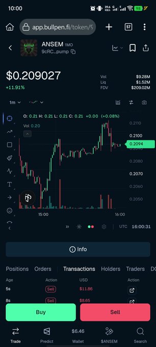 A mobile screenshot from app.bullpen.fi showing the $ANSEM token trading at $0.209027 with +11.91%, displaying a candlestick chart and Buy/Sell buttons.