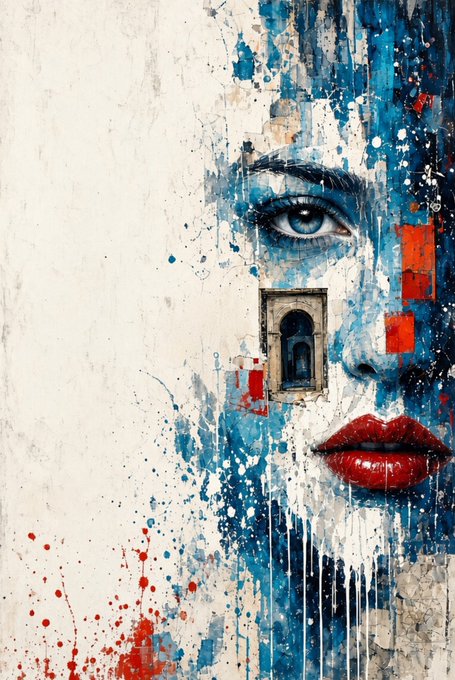 Mixed media artwork depicting a stylized female face featuring one striking blue eye, red lips, and architectural elements, painted with blue and white textures and red accents.