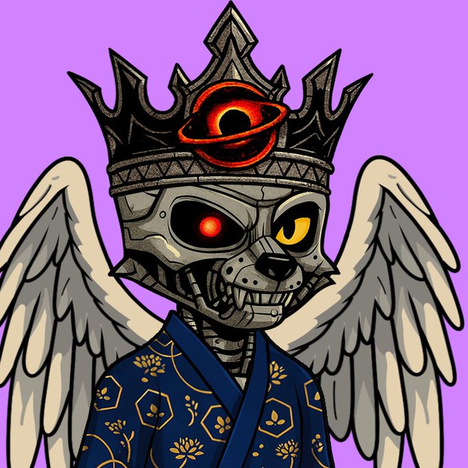 A digital illustration depicts a robotic skull-headed angel with white wings, wearing an ornate black crown with a red eye symbol and a dark blue patterned kimono against a purple background.