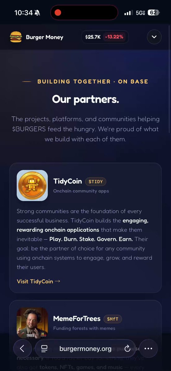 The image shows a phone screen displaying a website called "Burger Money" that has a section titled "Building together - On base." The text on this page indicates that the company is working with partners, including @TidyOnChain, @MemeForTrees, and @SendLoveTokens. The post also mentions that more updates will be coming to the partners' page.