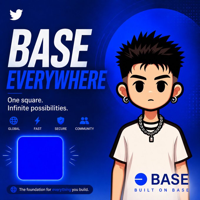 The image features a cartoon boy wearing a white t-shirt with black text that says "Base everywhere". The background of the image is blue with various icons related to the Base platform, such as a globe, lightning bolt, shield, and a chain. The caption below the image reads "Base isn'T just growing, it'S becoming the default gateway to onchain adoption. More builders keep expanding while making crypto easier for everyone."