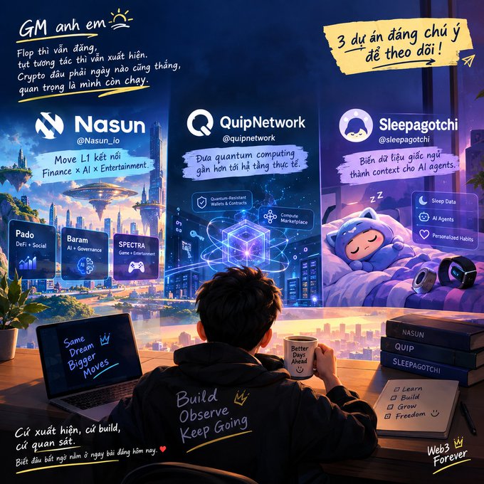 An illustrated promotional graphic featuring three crypto/Web3 projects—Nasun, QuipNetwork, and Sleepagotchi—described in Vietnamese text as projects worth following.