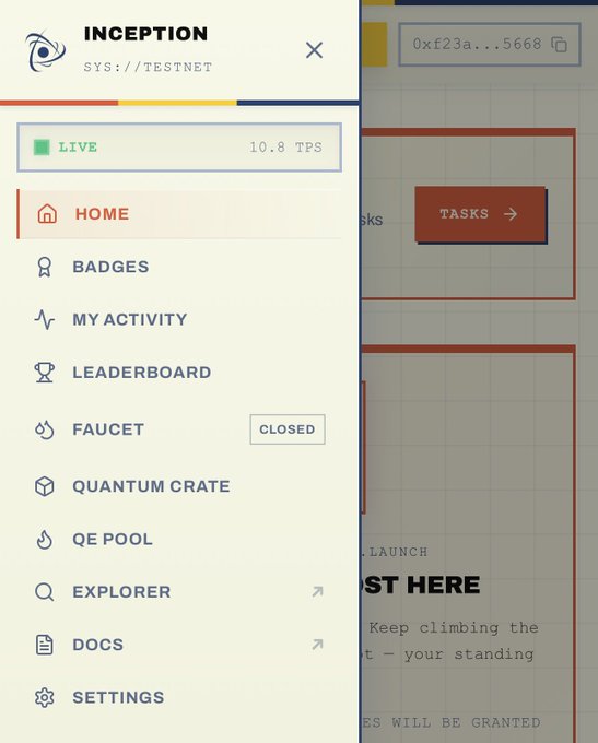A mobile app interface titled "INCEPTION" with a navigation menu including options like HOME, BADGES, MY ACTIVITY, LEADERBOARD, FAUCET, QUANTUM CRATE, QE POOL, EXPLORER, DOCS, and SETTINGS, alongside a partially visible "TASKS" button.