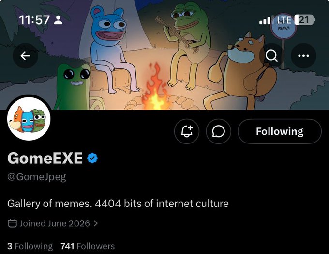 A Twitter profile page for 'GomeEXE' (@GomeJpeg) with a banner showing cartoon characters around a campfire, describing itself as a 'Gallery of memes. 4404 bits of internet culture.'