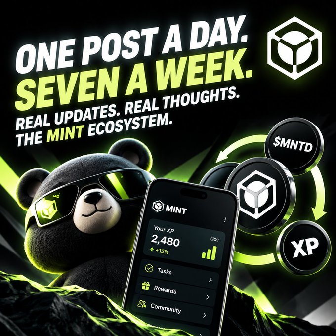 A promotional graphic for the 'MINT' cryptocurrency ecosystem featuring a cartoon bear in sunglasses, with the tagline 'ONE POST A DAY. SEVEN A WEEK. REAL UPDATES. REAL THOUGHTS.' and a phone app displaying 'Your XP 2,480' alongside $MNTD token icons.