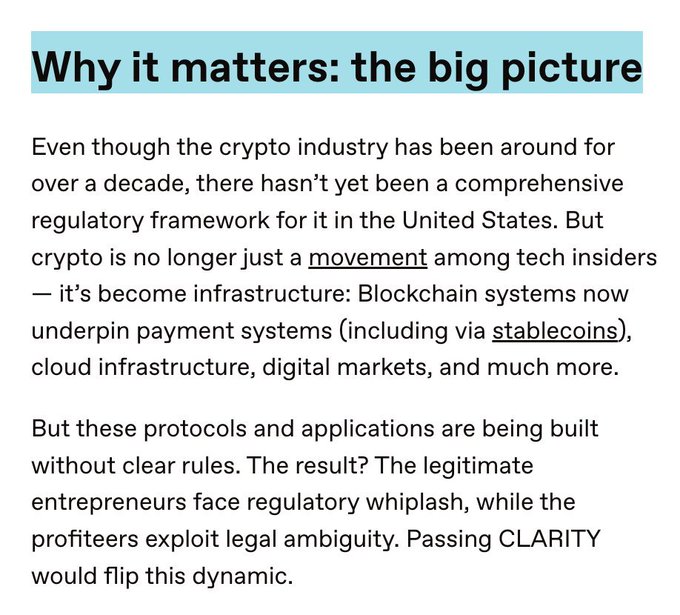 A text excerpt titled 'Why it matters: the big picture' discussing the lack of a comprehensive U.S. regulatory framework for the crypto industry and advocating for the CLARITY bill to define rules for blockchain, stablecoins, and digital markets.