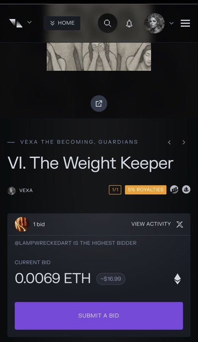 A mobile app screenshot showing an NFT auction for 'VI. The Weight Keeper' by VEXA with a current bid of 0.0069 ETH (~$16.99) and a 6% ROYALTIES badge.