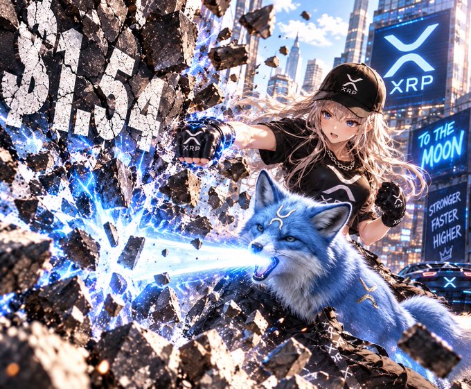 An anime-style illustration depicts a girl in XRP-branded clothing punching a wall alongside a blue wolf, with 'XRP', 'TO THE MOON', and 'STRONGER FASTER HIGHER' text visible.