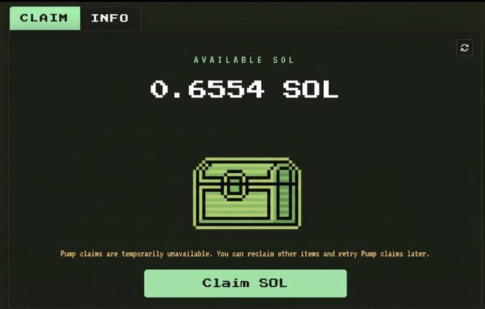 A screenshot shows a "CLAIM" interface displaying "AVAILABLE SOL 0.6554 SOL" with a pixelated treasure chest icon, accompanied by the message "Pump claims are temporarily unavailable" above a "Claim SOL" button. The image illustrates the process of reclaiming locked SOL from token accounts, matching the post's promotion of sol-incinerator.com as a tool to recover small amounts of stranded Solana.