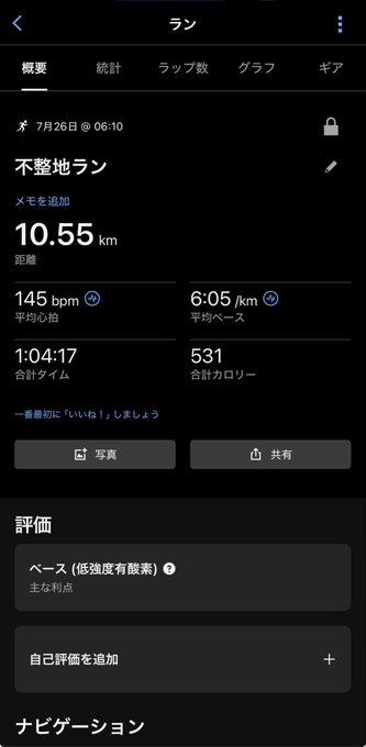A dark-mode fitness app interface in Japanese showing a trail run ('不整地ラン') of 10.55km with 145 bpm average heart rate and 531 calories burned.