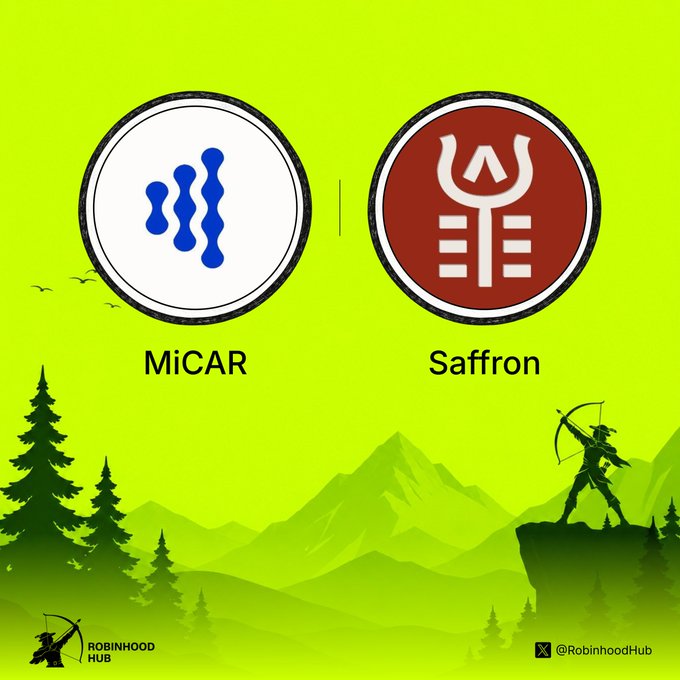 A Robinhood Hub graphic comparing the “MiCAR” and “Saffron” crypto logos over a stylized green mountain landscape.