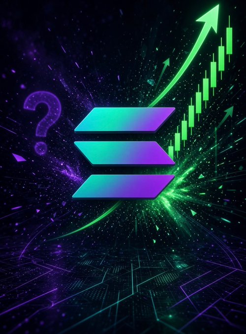 A neon-styled digital graphic featuring the Solana (SOL) logo in cyan-to-purple gradient with a green upward candlestick chart, a question mark, and a glowing arrow against a dark cosmic background.