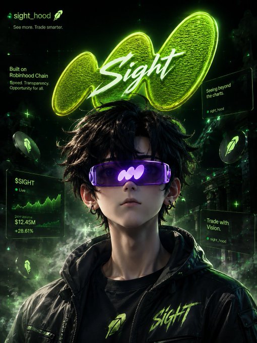 A promotional graphic for 'sight_hood' featuring an anime-style character with purple sunglasses, highlighting the $SIGHT token on Robinhood Chain with Live price and 24H Volume of $12.45M (+28.61%).