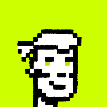 A simple pixel art drawing of a white face with a black outline and yellow eyes on a bright green background.