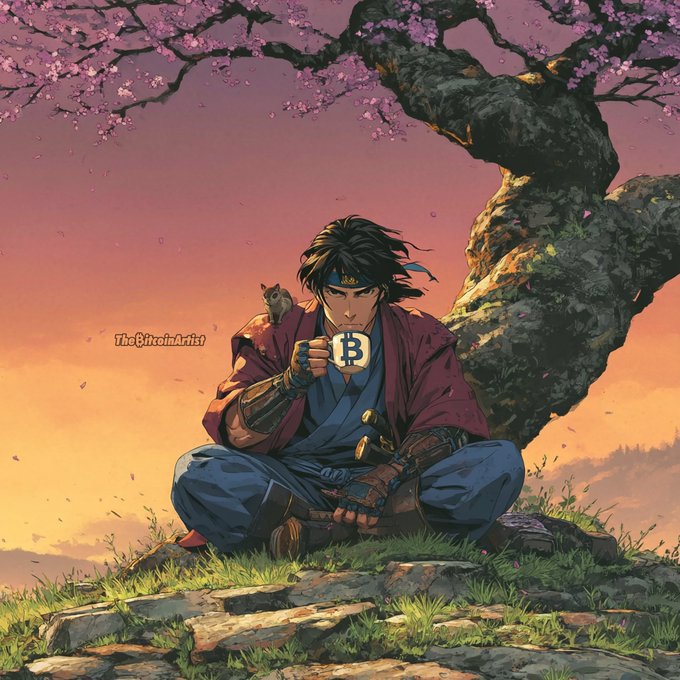 An anime-style illustration of a samurai sitting under a cherry blossom tree holding a mug with the Bitcoin logo, signed 'TheBitcoinArtist'.