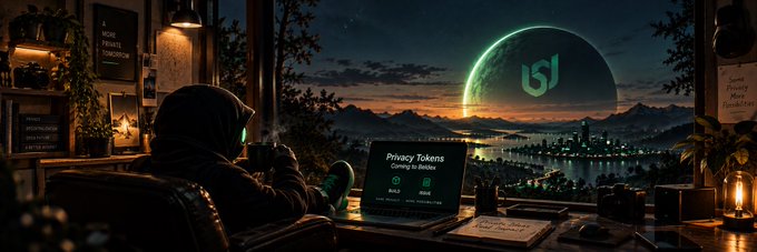 A hooded figure viewed from behind sitting at a desk with a laptop showing 'Privacy Tokens Coming to Binance' against a dramatic night scene featuring a large green glowing moon or planet.