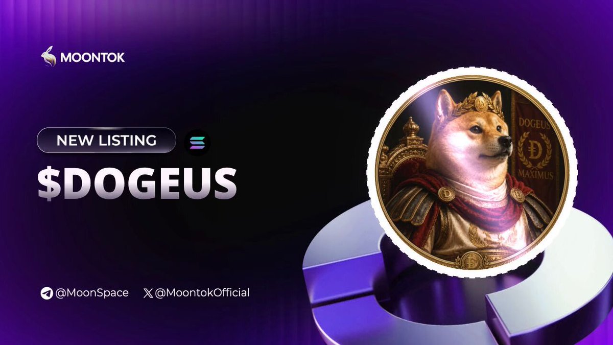 The image features a purple background with a gold circle containing an illustration of a dog wearing a crown, surrounded by a blue border. The caption below the image reads "New listing $DOGEUS". This suggests that there might be a new listing for a digital coin or token named "DOGEUS" on a cryptocurrency exchange platform like CoinMarketCap.