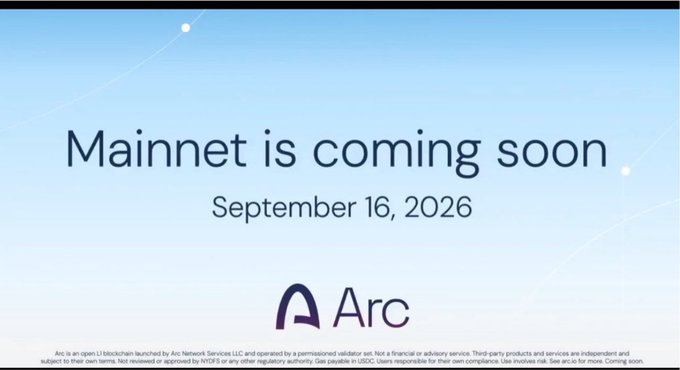 Announcement slide reading 'Mainnet is coming soon' dated September 16, 2026, featuring the Arc logo and disclaimer text at the bottom.