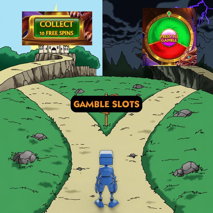 An edited version of the previous crossroads cartoon, now featuring slot machine game graphics overlaid: a 'COLLECT 10 FREE SPINS' button next to the sunny castle, a 'PRESS TO GAMBLE' button next to the stormy castle, and 'GAMBLE SLOTS' text covering the signpost.