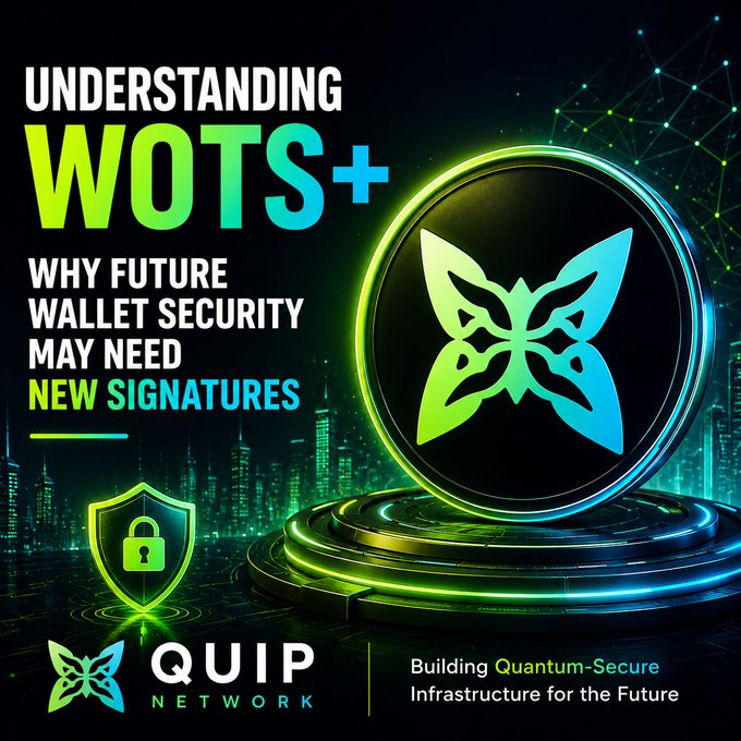A QUIP Network promotional graphic titled 'UNDERSTANDING WOTS+' explaining why future wallet security may need new signatures, highlighting quantum-secure infrastructure.