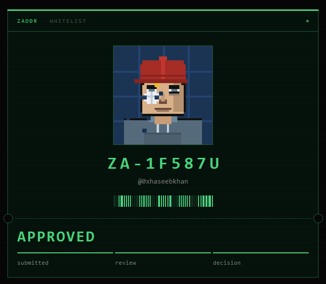 A green-themed digital approval screen displaying a pixel-art character with a red hat, the ID 'ZA-1F587U', and 'APPROVED' status under 'ZADDR WHITELIST'.