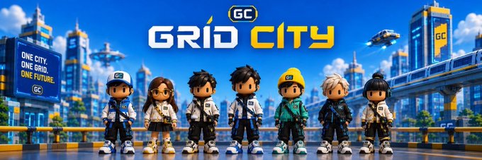 A promotional banner for 'GRID CITY' featuring eight stylized cartoon characters standing in a futuristic city with skyscrapers, flying vehicles, and a monorail, with a billboard reading 'ONE CITY. ONE GRID. ONE FUTURE.'