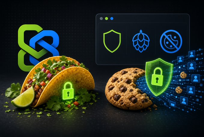 A graphic showing tacos and a chocolate chip cookie overlaid with security shield and lock icons, representing web hosting features like SSL and DDoS protection.