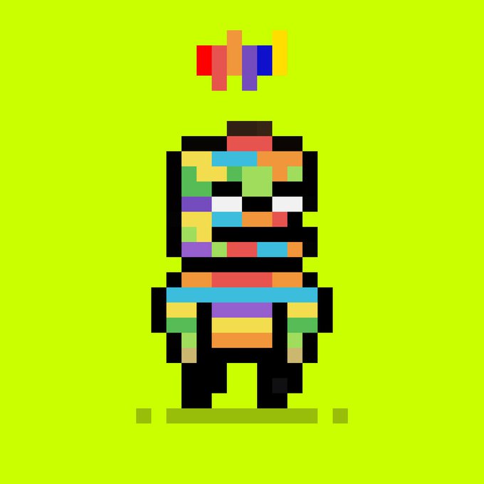 A pixelated, multicolored character resembling a Lego minifigure stands against a bright green background, with small colorful blocks floating above its head, complementing the cheerful "gm" (good morning) greeting.