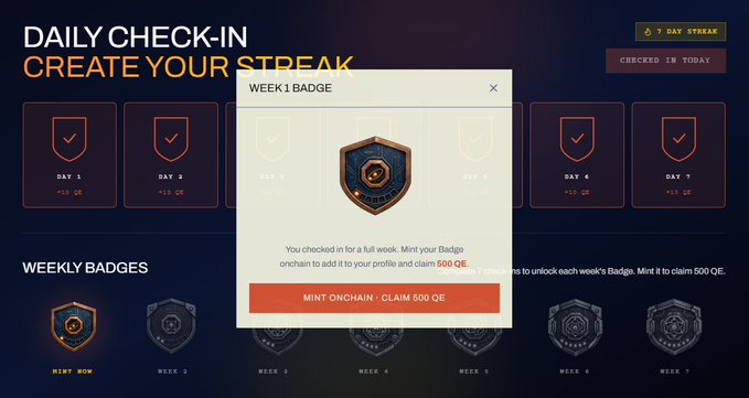 A 'DAILY CHECK-IN' screen displaying a 'WEEK 1 BADGE' popup with a 'MINT ONCHAIN · CLAIM 500 QE' button, showing a 7-day streak interface with weekly badges.