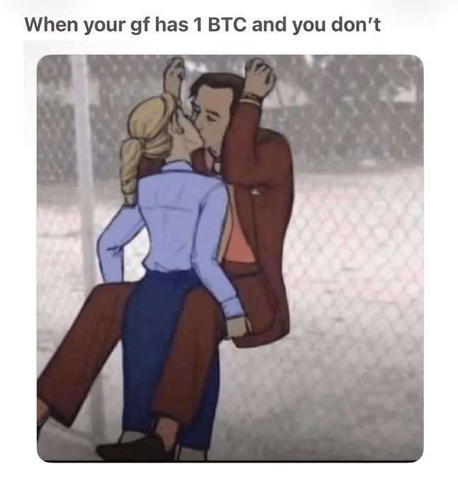 A meme featuring an animated couple kissing against a chain-link fence with the caption 'When your gf has 1 BTC and you don't'.
