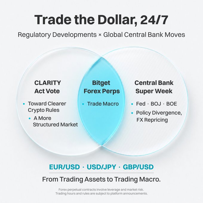 A Bitget marketing graphic titled 'Trade the Dollar, 24/7' with a Venn diagram showing intersections of 'CLARITY Act Vote', 'Bitget Forex Perps', and 'Central Bank Super Week' covering currency pairs EUR/USD, USD/JPY, and GBP/USD.