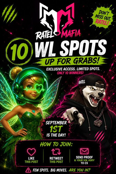 A promotional poster for 'RATEL MAFIA' advertising '10 WL SPOTS' for September 1st, featuring a cartoon fairy and a snarling honey badger, with instructions to Like, Retweet, and Send proof.