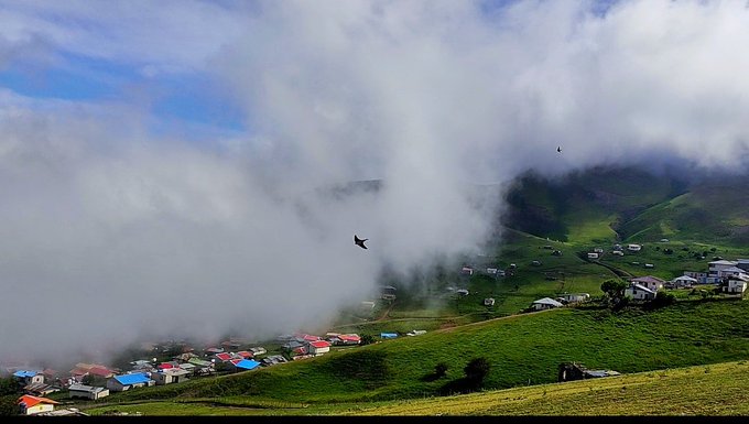 A scenic landscape of a small village with colorful rooftops nestled in green hills, partially covered by low-lying clouds and fog, with a bird flying in the foreground.
