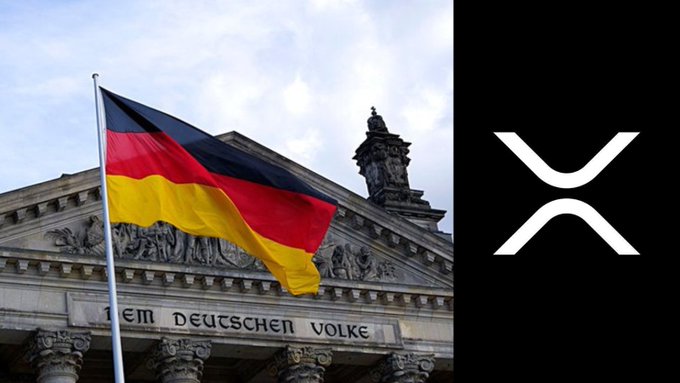 A German flag waves in front of the Reichstag building, inscribed with "DEM DEUTSCHEN VOLKE" (To the German People), alongside the XRP logo. The image visually represents Deutsche Börse Group's new support for XRP custody alongside BTC and ETH, linking the cryptocurrency to its German institutional backing.