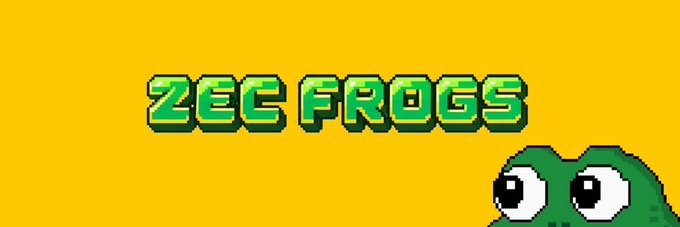Pixel art logo reading 'ZEC FROGS' in green text on a yellow background, with a cartoon frog face in the bottom right corner.