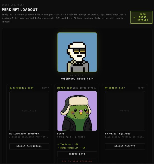 A 'Perk NFT Loadout' interface showing the main tile 'ROBINHOOD MIGOS #874', an equipped pet NFT 'BIRBS' (Token #242) with Tax Haven +5% and Handy Companion +5% perks, and empty companion and object slots.