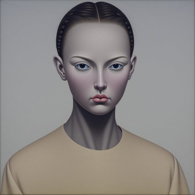 Stylized portrait of a pale figure with slicked-back dark hair and striking blue eyes, wearing a cream-colored sweater.