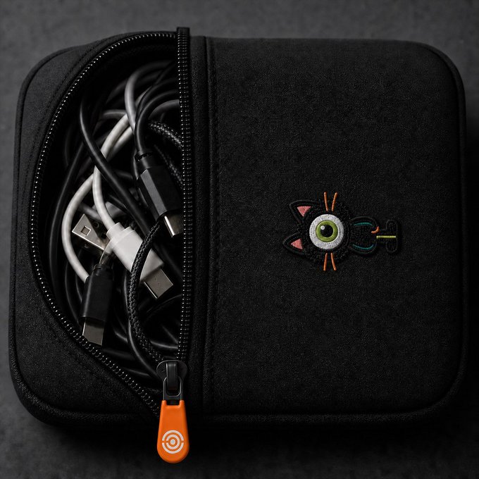 A black zippered pouch sits partially open, revealing a tangled mess of USB and charging cables spilling out, while a small embroidered black cat with one green eye peeks out on the front alongside an orange brand tag. The image visually mirrors the caption by showing the very "chaos" of cord clutter being contained within a neat zipper pouch, with the watchful cat serving as the unexpected "proof" of the tidying effort.