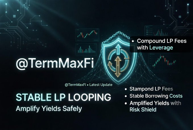 A dark-themed promotional graphic for **@TermMaxFi** featuring a glowing blue shield icon with directional arrows, set against a backdrop of candlestick charts and circuit-board patterns. The image highlights "STABLE LP LOOPING – Amplify Yields Safely," with bullet points emphasizing "Compound LP Fees with Leverage," "Stable Borrowing Costs," and "Amplified Yields with Risk Shield," visually reinforcing the post's message of safe, leveraged yield amplification.