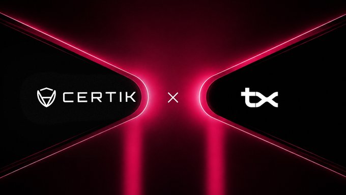 The image features a stylized graphic with two black, angular shapes outlined in glowing red neon, converging in the center with an "x" between them. On the left is the "CERTIK" logo with its shield emblem, and on the right is the "tx" logo, visually representing CertiK's new partnership with the TX Ecosystem as a validator, aligning with the post about expanding security from smart contracts to network infrastructure.