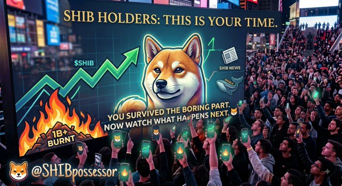 A promotional graphic featuring a Shiba Inu dog, flames, and a rising green chart, with text reading 'SHIB HOLDERS: THIS IS YOUR TIME,' 'YOU SURVIVED THE BORING PART. NOW WATCH WHAT HAPPENS NEXT,' and '@SHIBpossesor'.