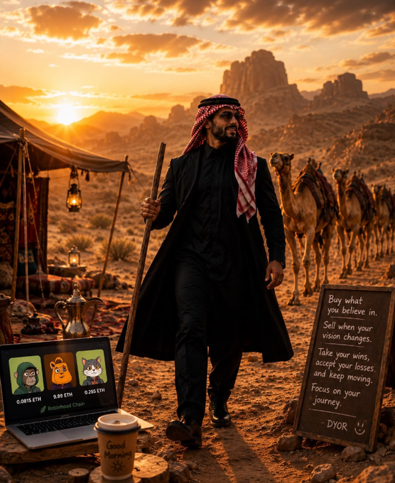 A man dressed in traditional Arab attire with a red and white keffiyeh stands in a desert setting holding a staff, with camels, a tent, and a chalkboard reading 'Buy what you believe in. Sell when your vision changes. Take your wins, accept your losses, and keep moving. Focus on your journey. - DYOR' beside a laptop displaying 'RoboShot Chain' and three token amounts.