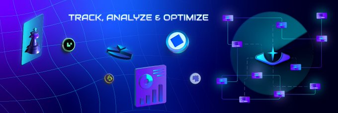 A blue-toned digital banner featuring the text "TRACK, ANALYZE & OPTIMIZE" alongside 3D icons of a chess piece, ship, coins, charts, and a glowing eye surrounded by data nodes—visually representing on-chain analytics tools like WavesOnChain that monitor blockchain activity rather than just token prices.