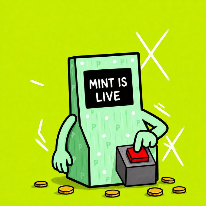 A cartoon illustration of a green arcade machine character with the screen displaying 'MINT IS LIVE' pressing a red button, with P-shaped coins scattered around on a yellow-green background.