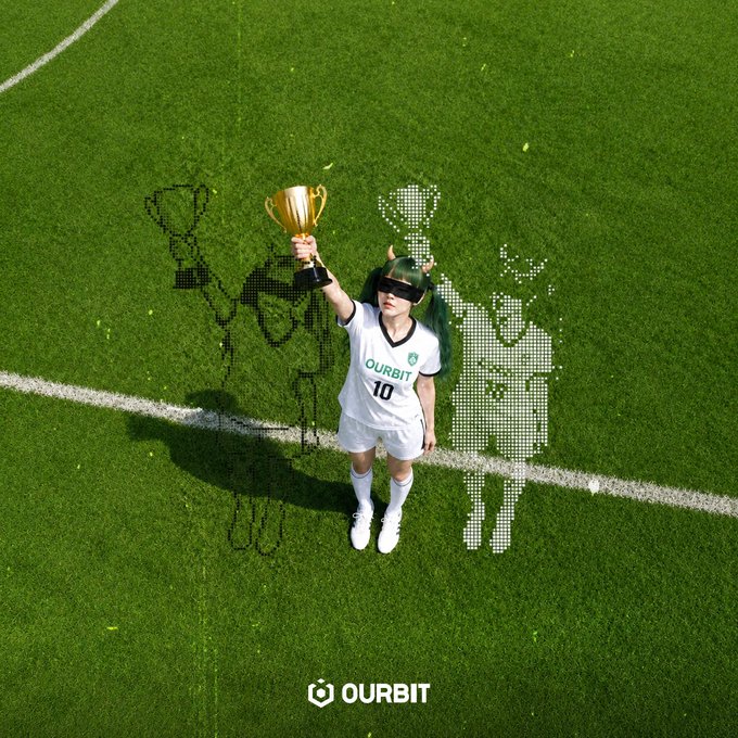 A soccer player wearing an "OURBIT 10" jersey triumphantly raises a golden trophy on a green field, flanked by pixelated shadow figures also holding trophies, with the OURBIT logo displayed below — visually celebrating the conclusion of the Ourbit Super Cup 2026 tournament that drew 52,918 participants across 48 national teams competing for up to $1.3K in rewards.